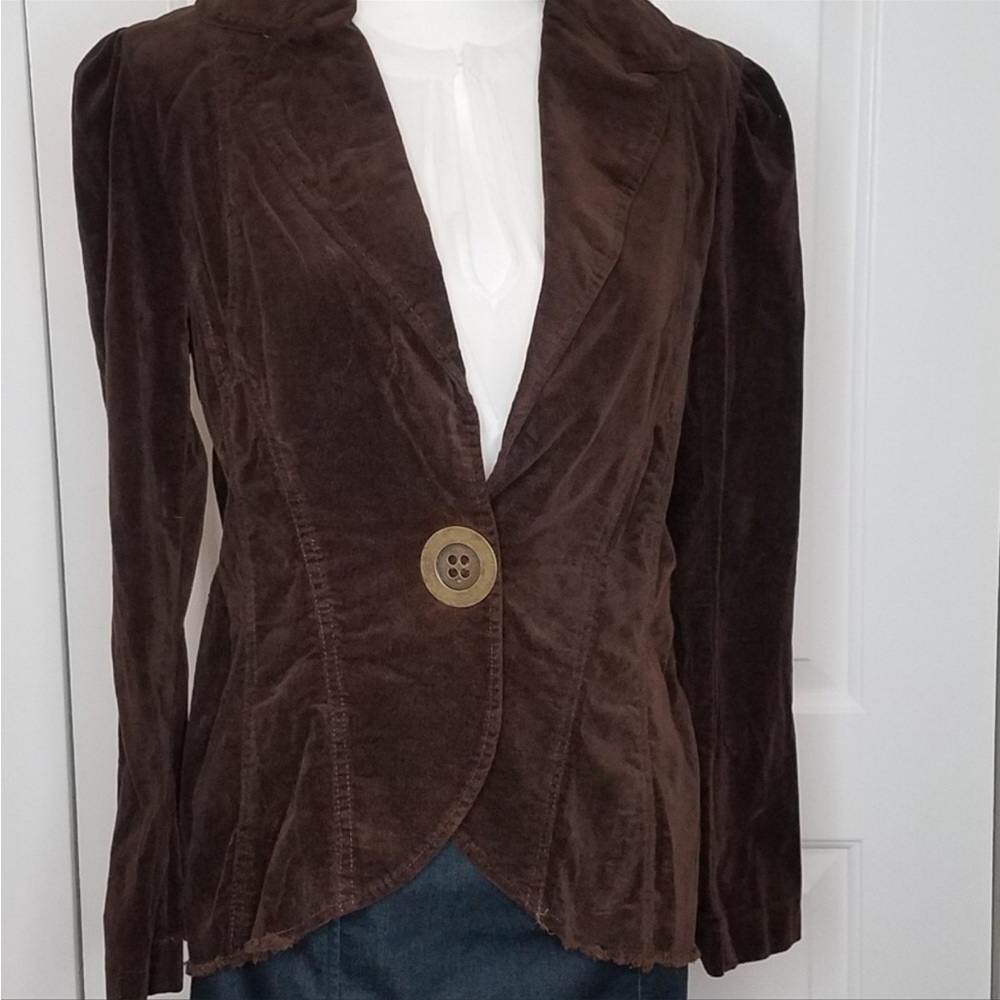 Anthropologie Luii Brown velvet blazer jacket frayed hem academia Med
